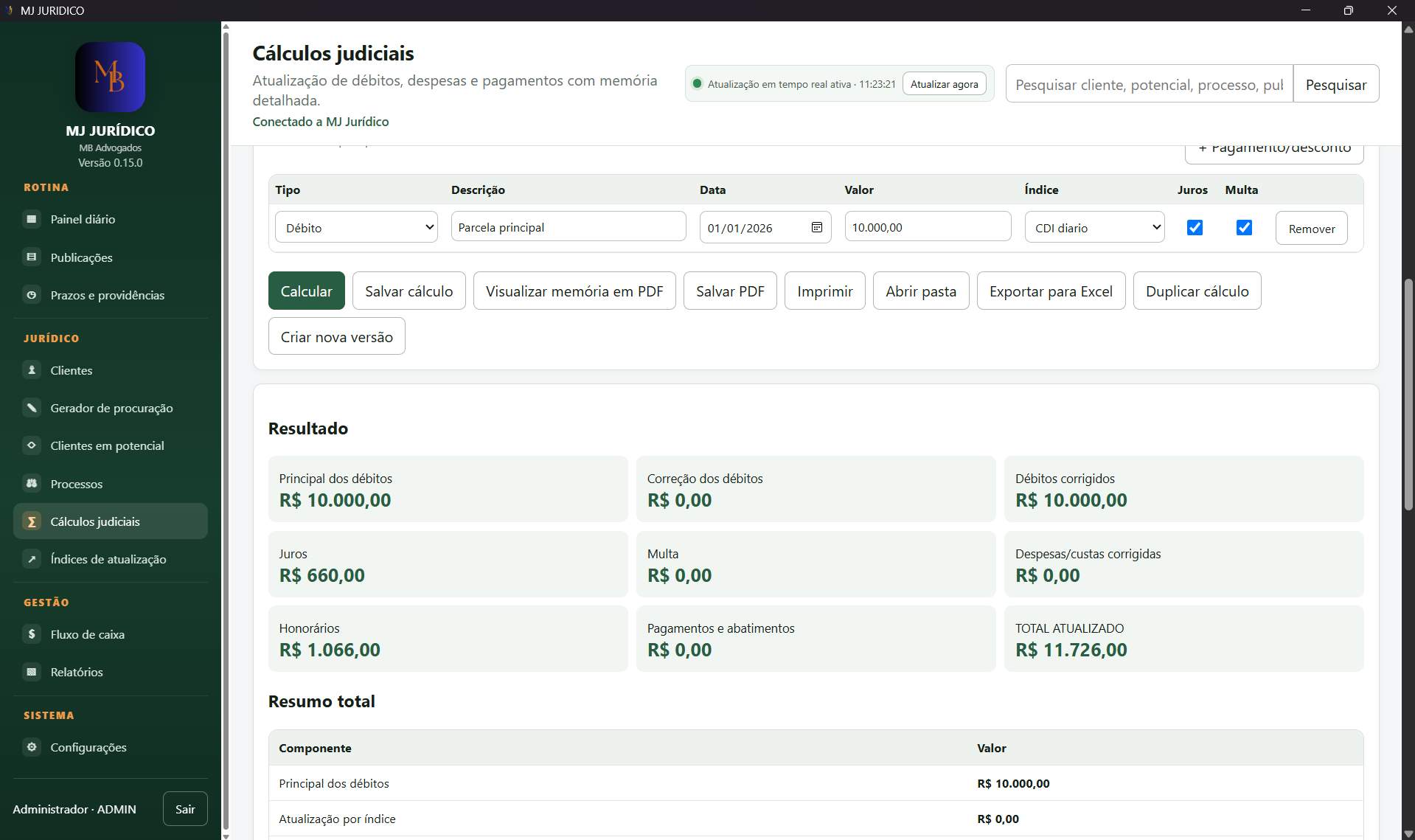 Resultado detalhado de cálculo no MJ Jurídico
